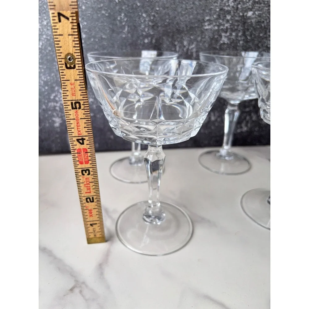 Vintage Crystal Champagne Coupe Glasses Set‎ of 4 Diamond Cut Pedestal Stemware